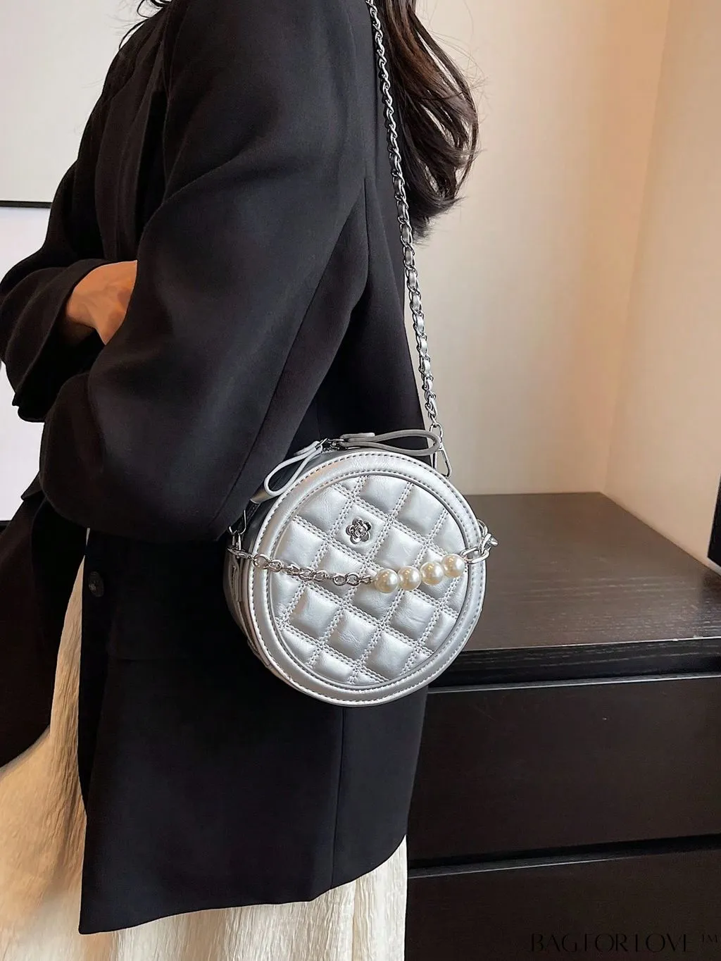BagForLove - Stylish Mini Circle Bag with Faux Pearl Chain and Metal Flower Detail - Trendy and Chic