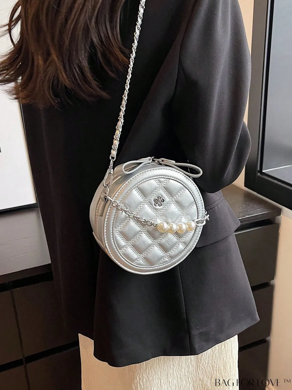BagForLove - Stylish Mini Circle Bag with Faux Pearl Chain and Metal Flower Detail - Trendy and Chic
