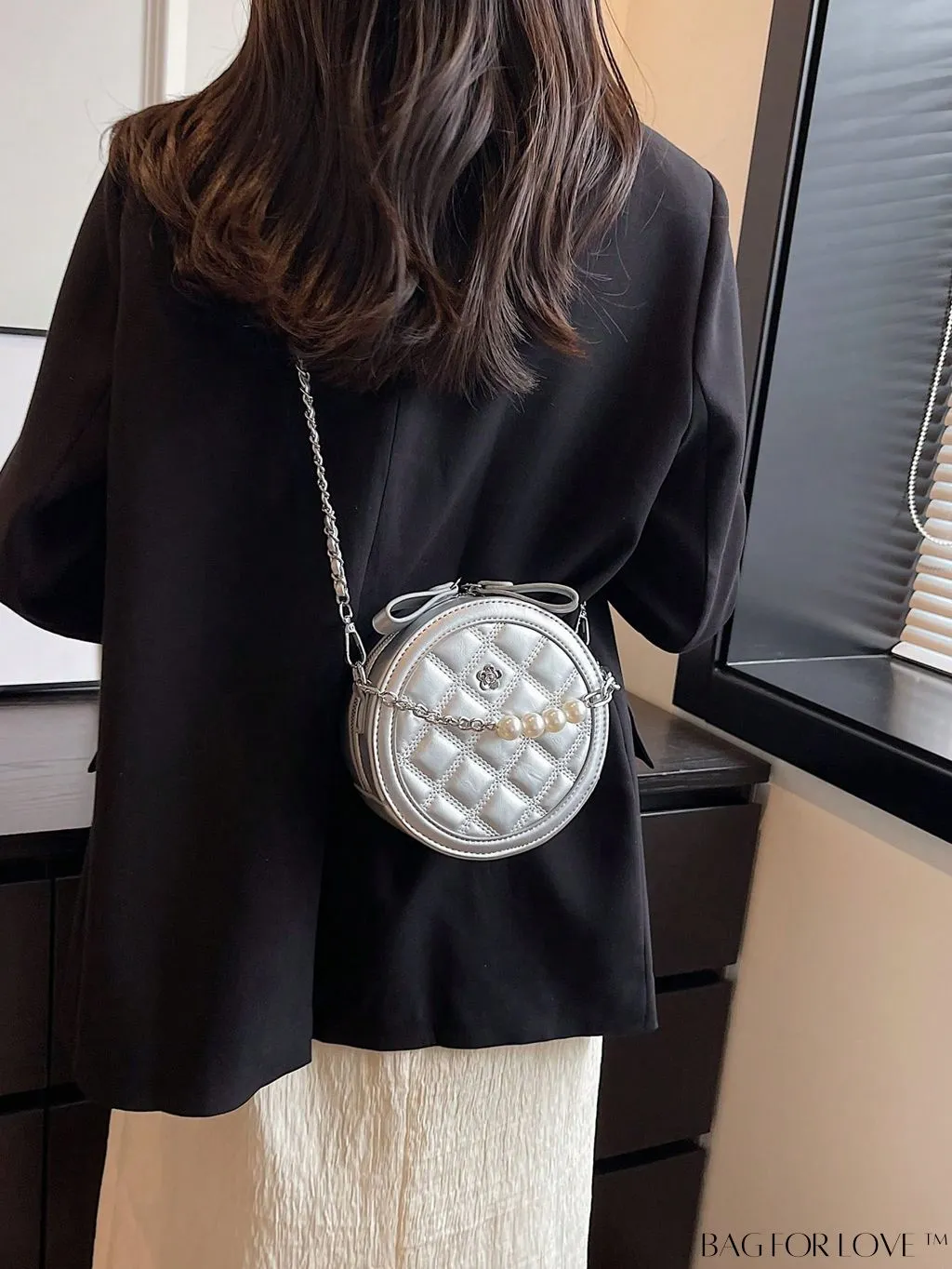 BagForLove - Stylish Mini Circle Bag with Faux Pearl Chain and Metal Flower Detail - Trendy and Chic