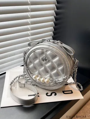 BagForLove - Stylish Mini Circle Bag with Faux Pearl Chain and Metal Flower Detail - Trendy and Chic