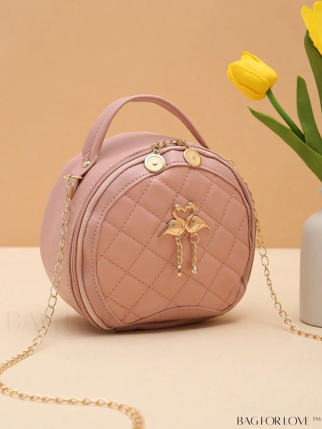 BagForLove - White Mini Quilted Circle Bag with Metal Chain Strap - Fashionably Chic
