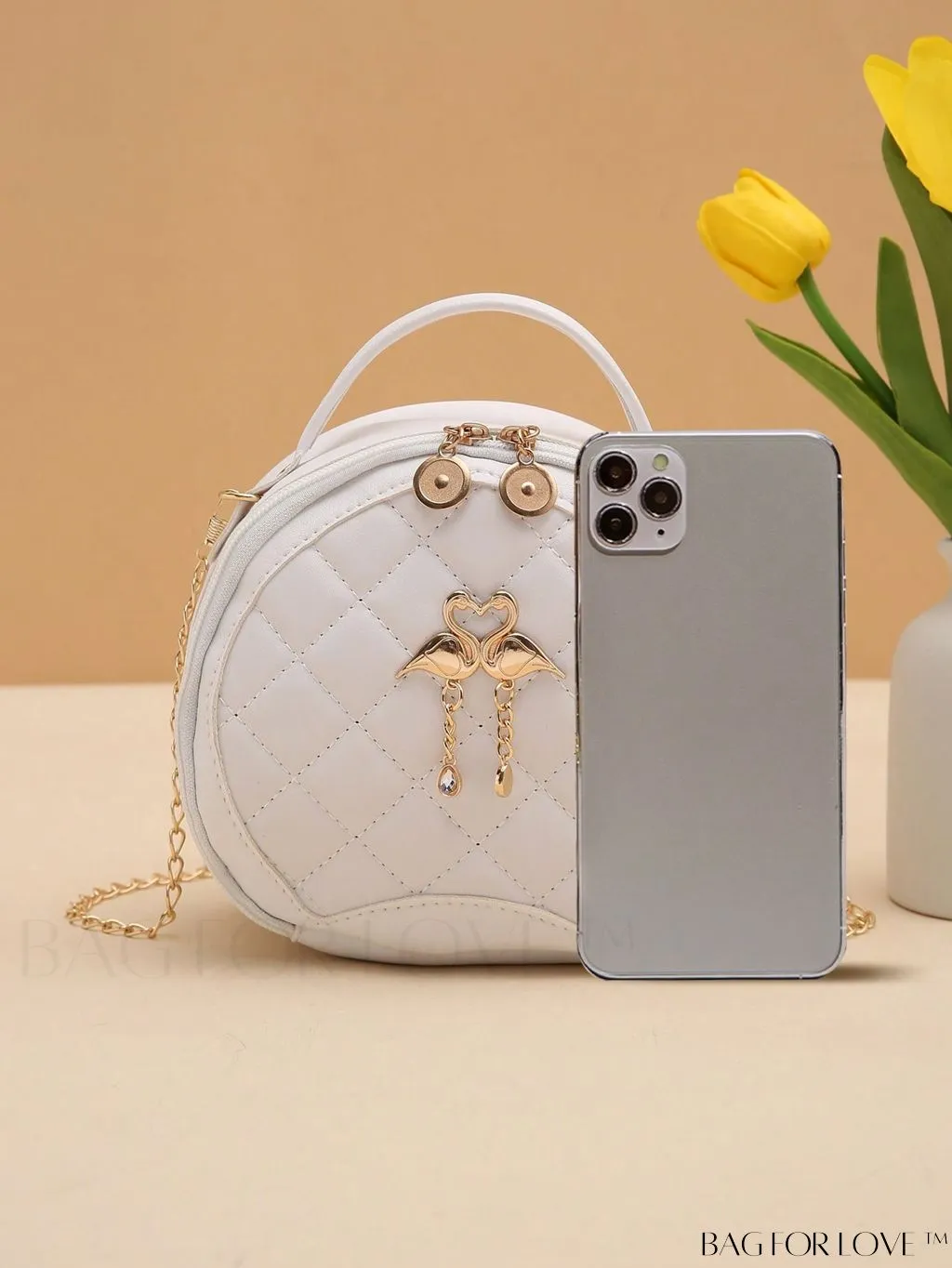 BagForLove - White Mini Quilted Circle Bag with Metal Chain Strap - Fashionably Chic