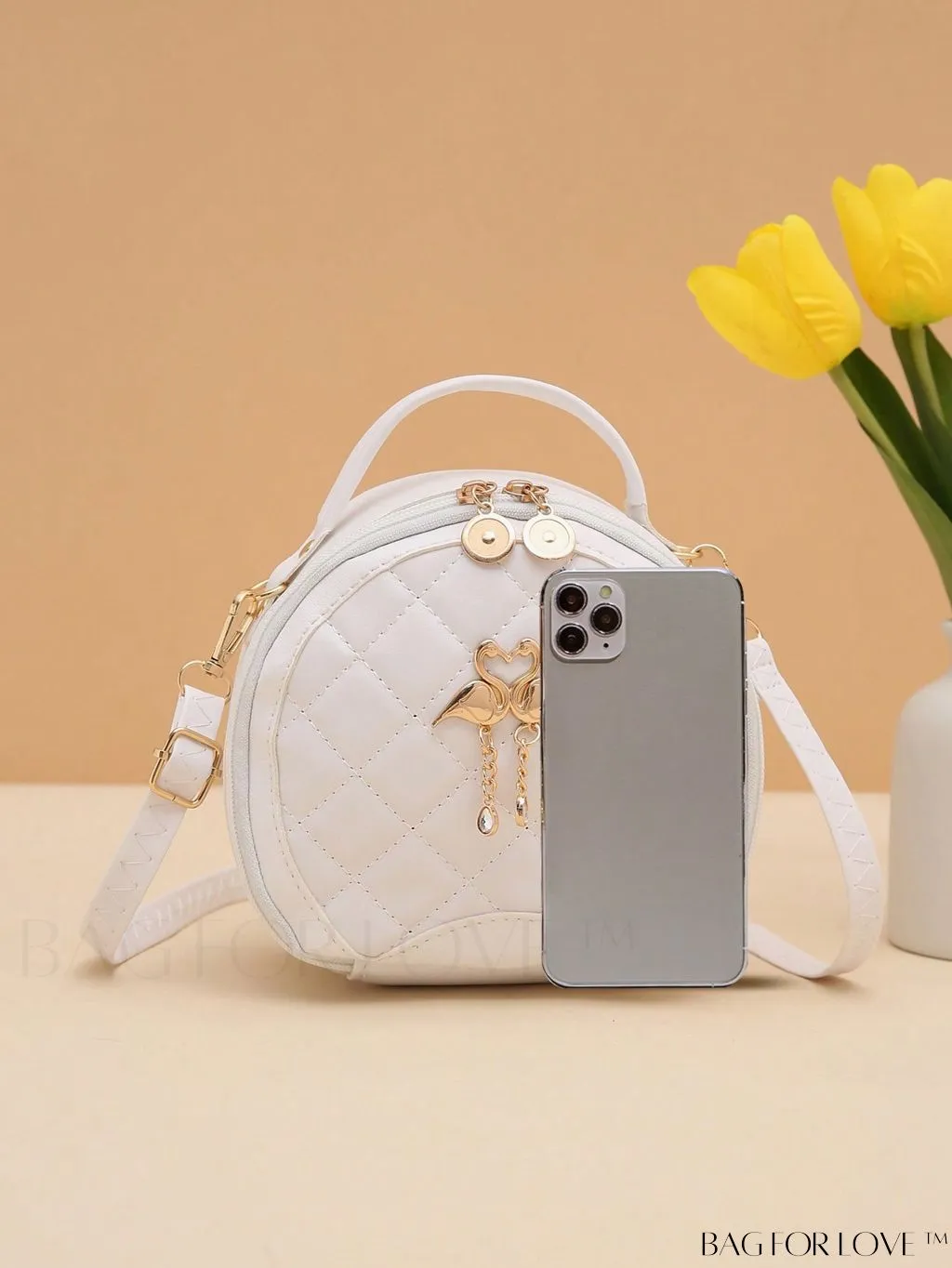 BagForLove - White Mini Quilted Circle Bag with Metal Chain Strap - Fashionably Chic