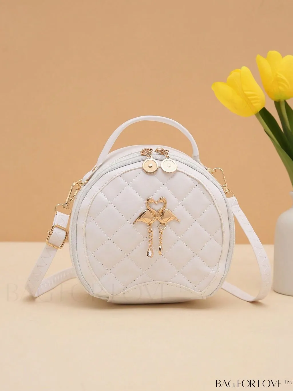 BagForLove - White Mini Quilted Circle Bag with Metal Chain Strap - Fashionably Chic
