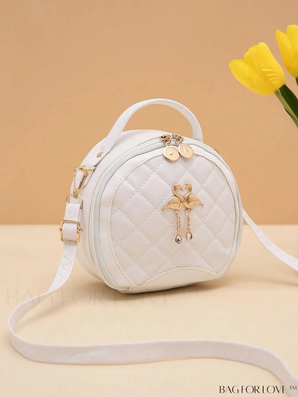 BagForLove - White Mini Quilted Circle Bag with Metal Chain Strap - Fashionably Chic
