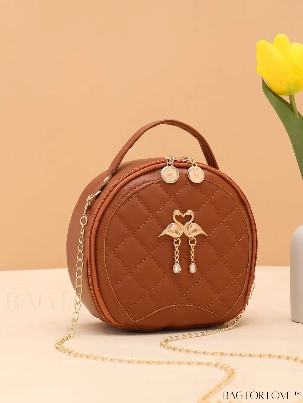 BagForLove - White Mini Quilted Circle Bag with Metal Chain Strap - Fashionably Chic