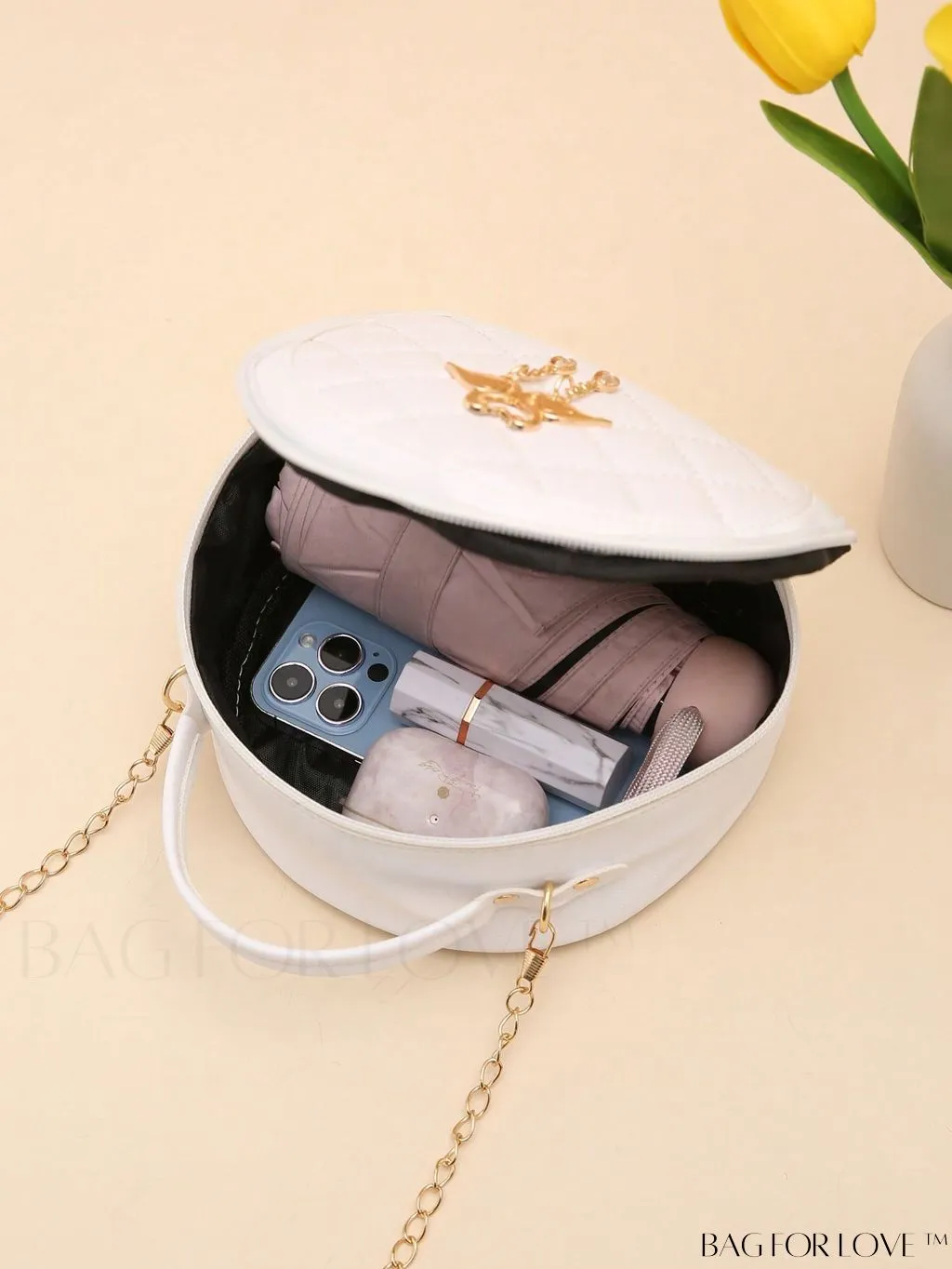 BagForLove - White Mini Quilted Circle Bag with Metal Chain Strap - Fashionably Chic