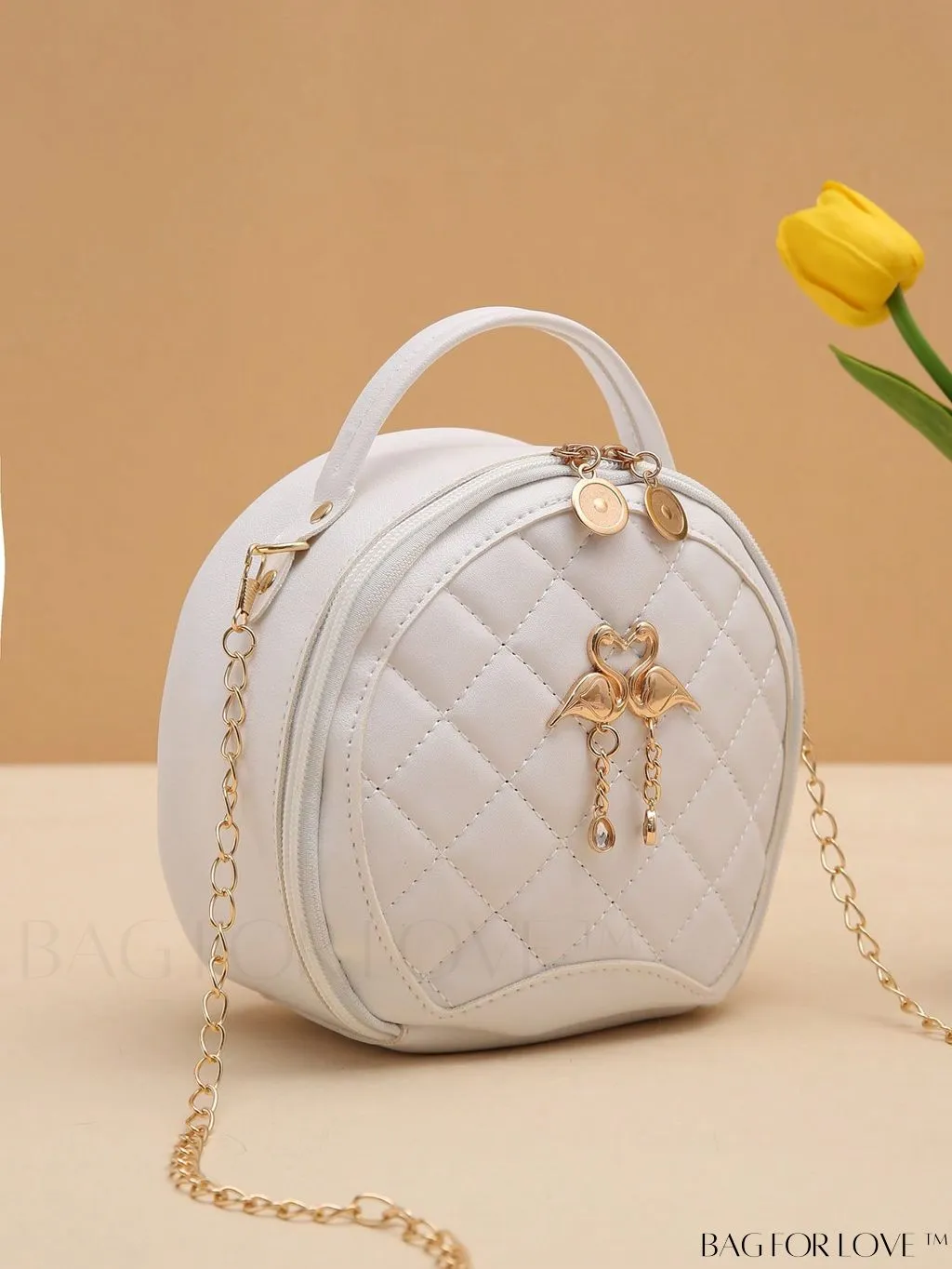BagForLove - White Mini Quilted Circle Bag with Metal Chain Strap - Fashionably Chic