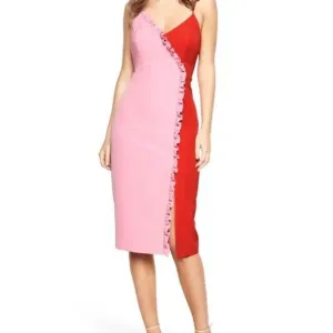 BARDOT Sherbet Colorblock Ruffled Sheath Dress Pink Red Size 6 NWT