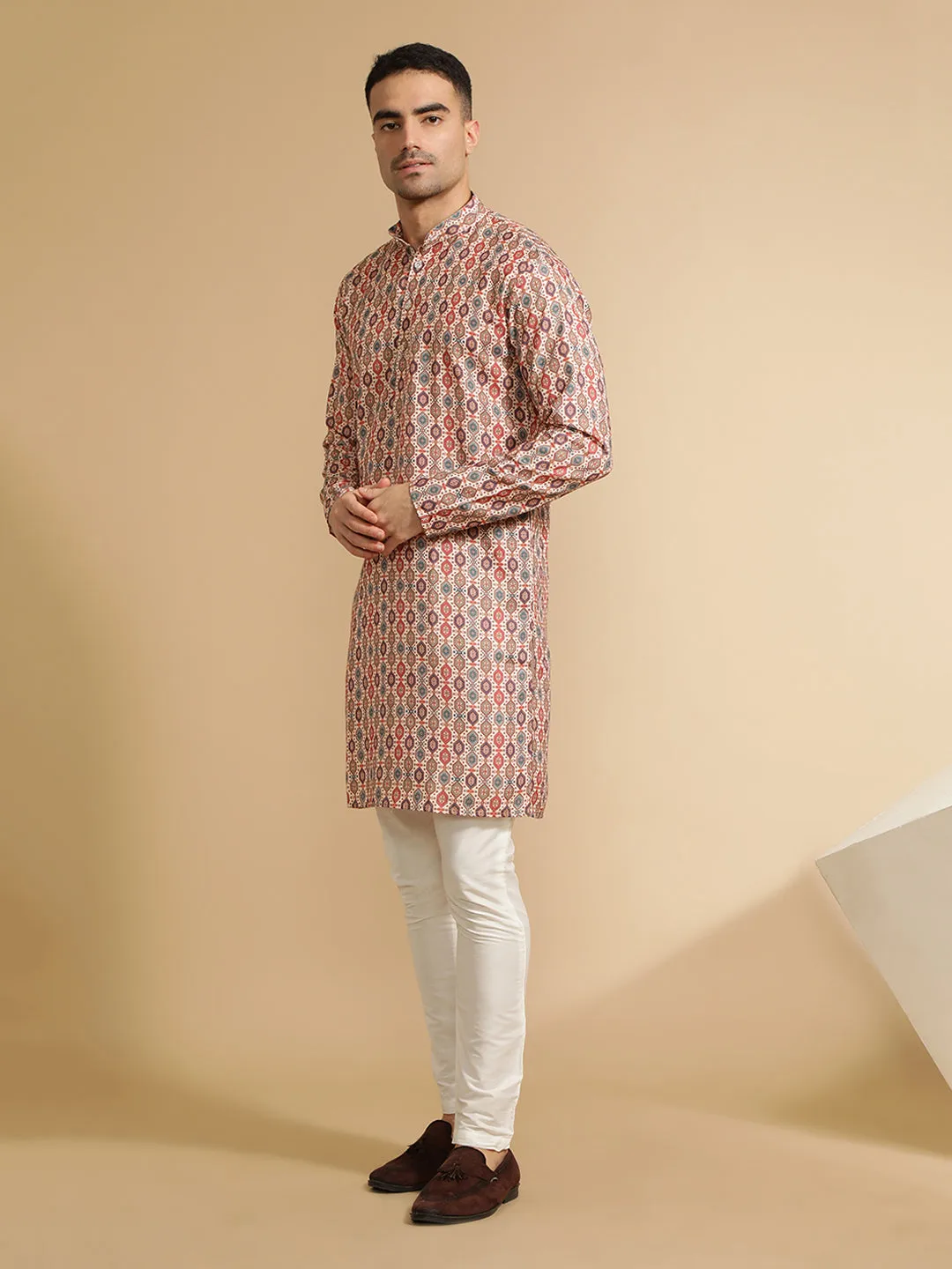 Beige Geometric Printed Cotton Kurta for Men