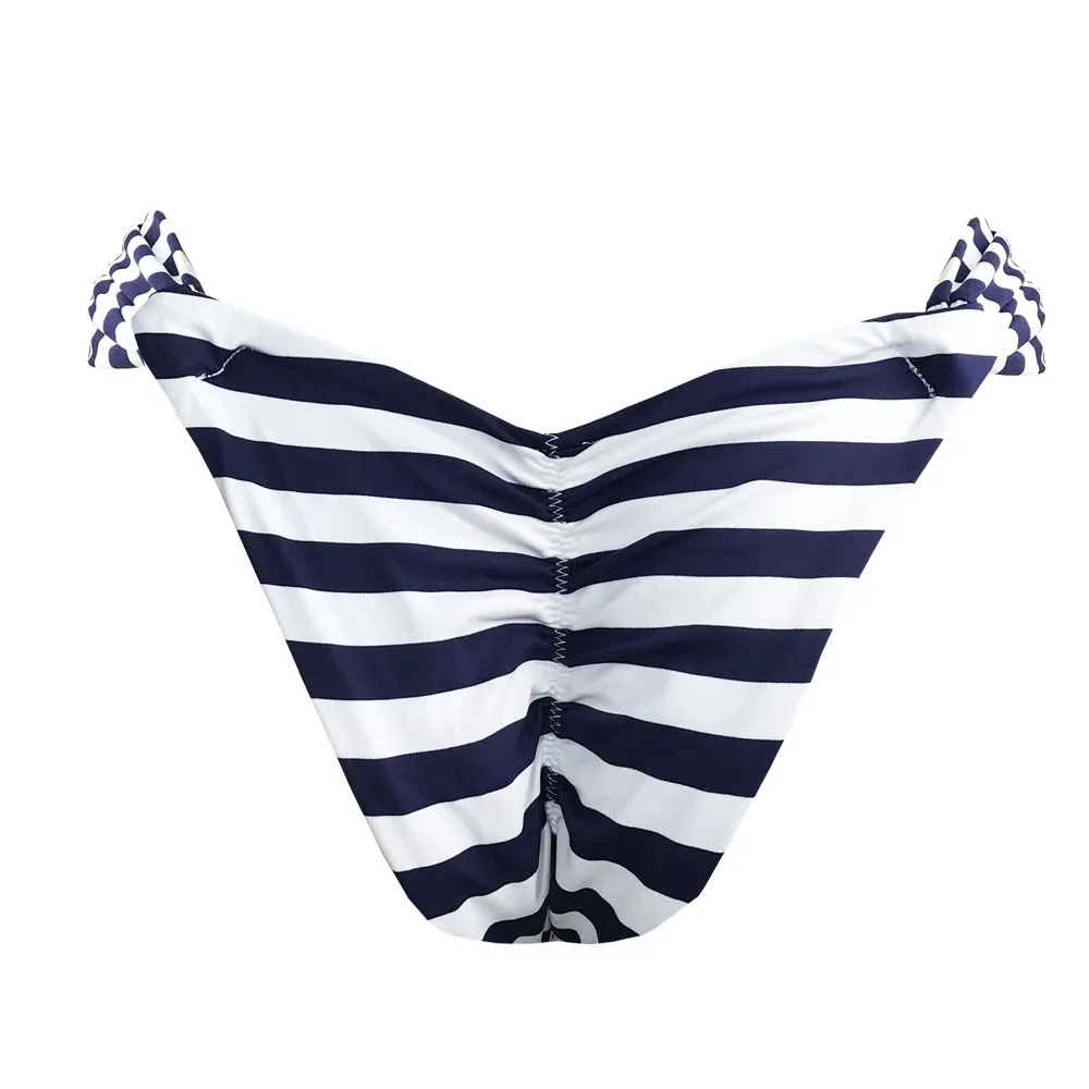 Blue Navy Stripes Brazilian Classic Side Scrunch Bikini Bottom