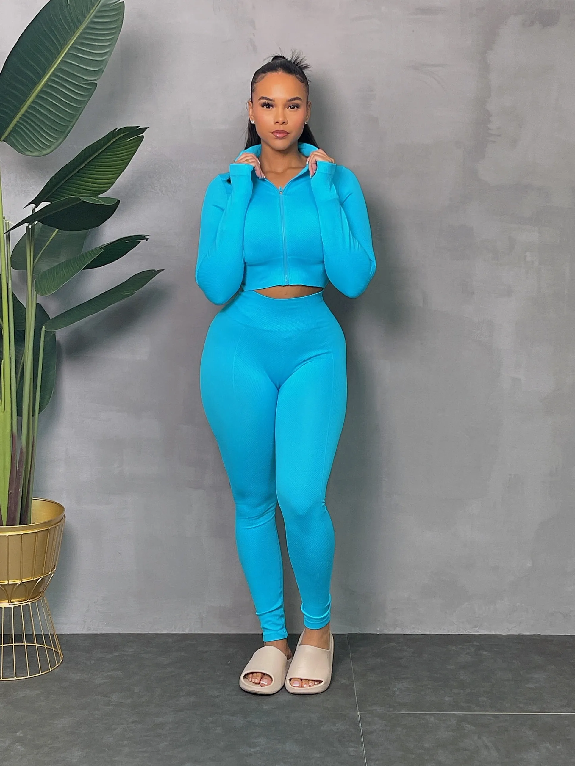 CARDI01P-Texture Crop Zip Jacket Set