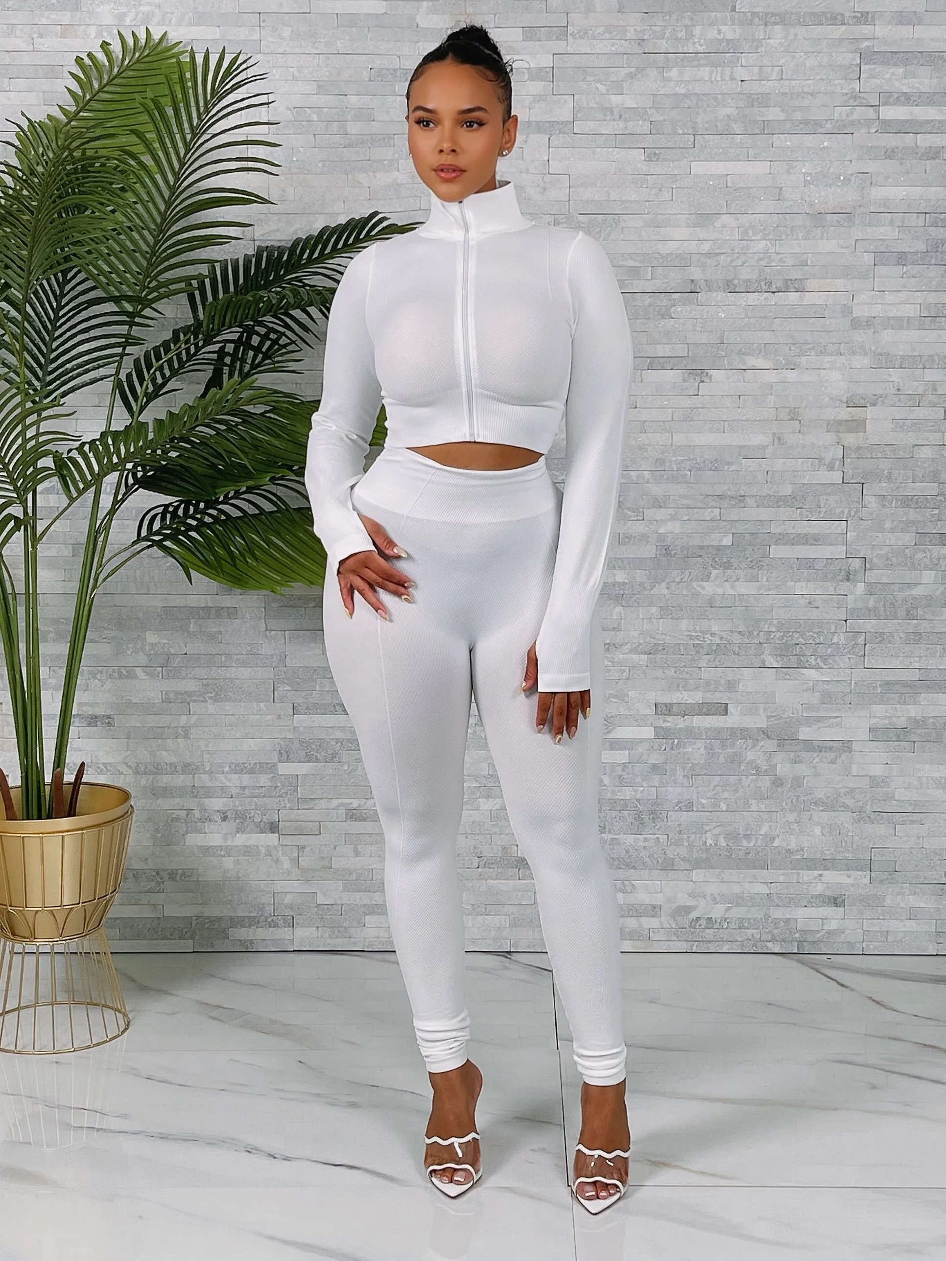 CARDI01P-Texture Crop Zip Jacket Set