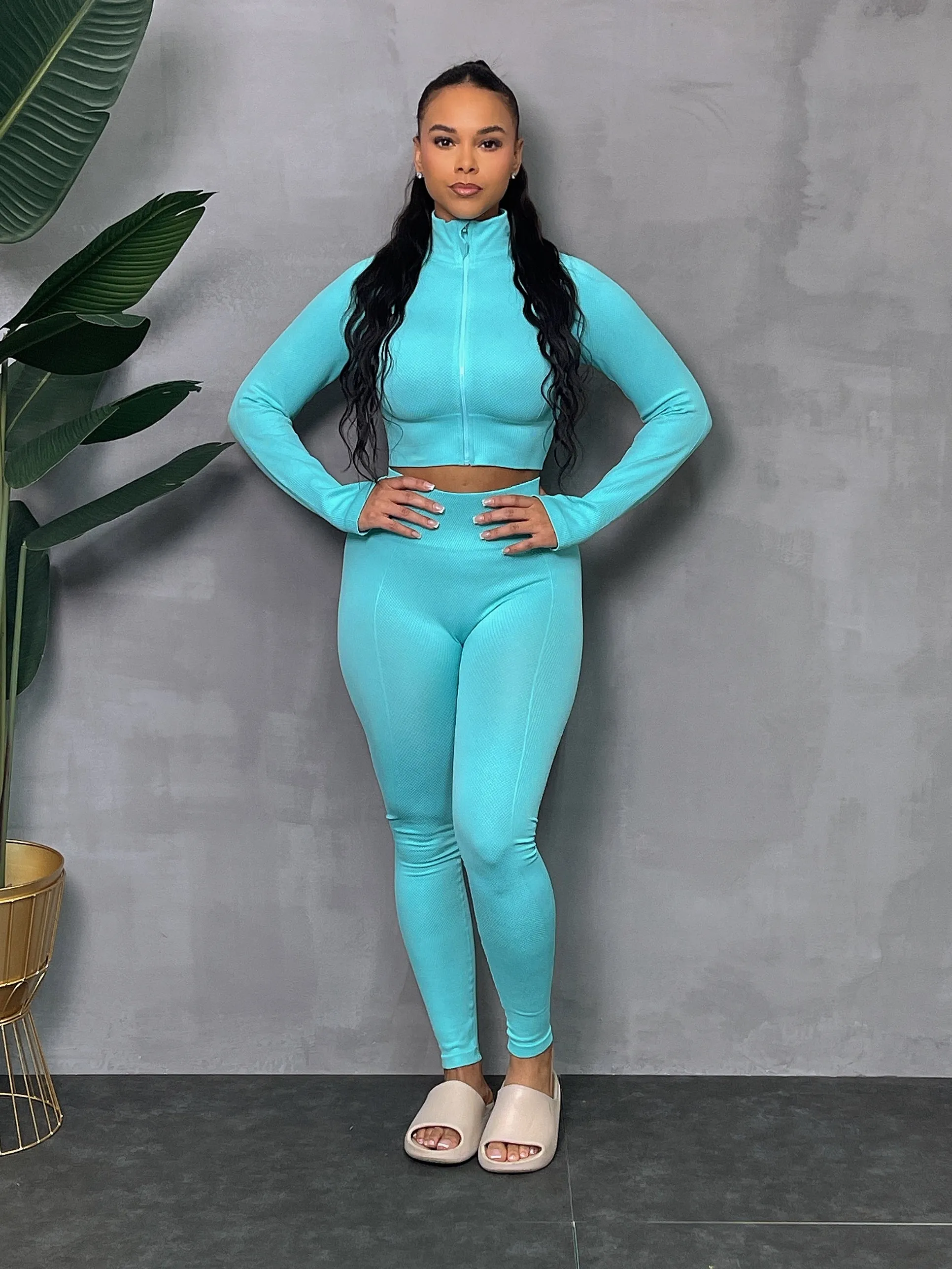 CARDI01P-Texture Crop Zip Jacket Set