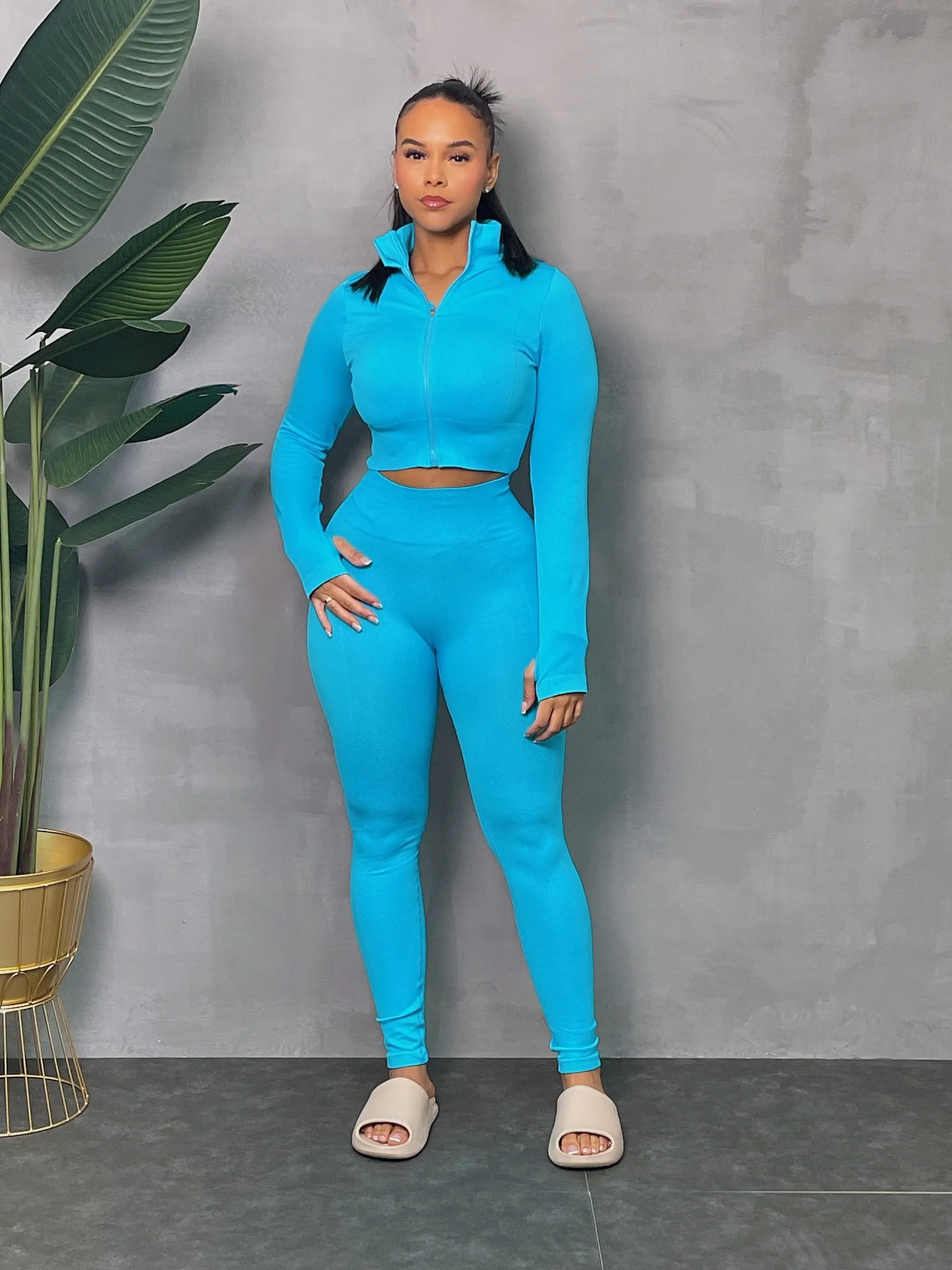 CARDI01P-Texture Crop Zip Jacket Set