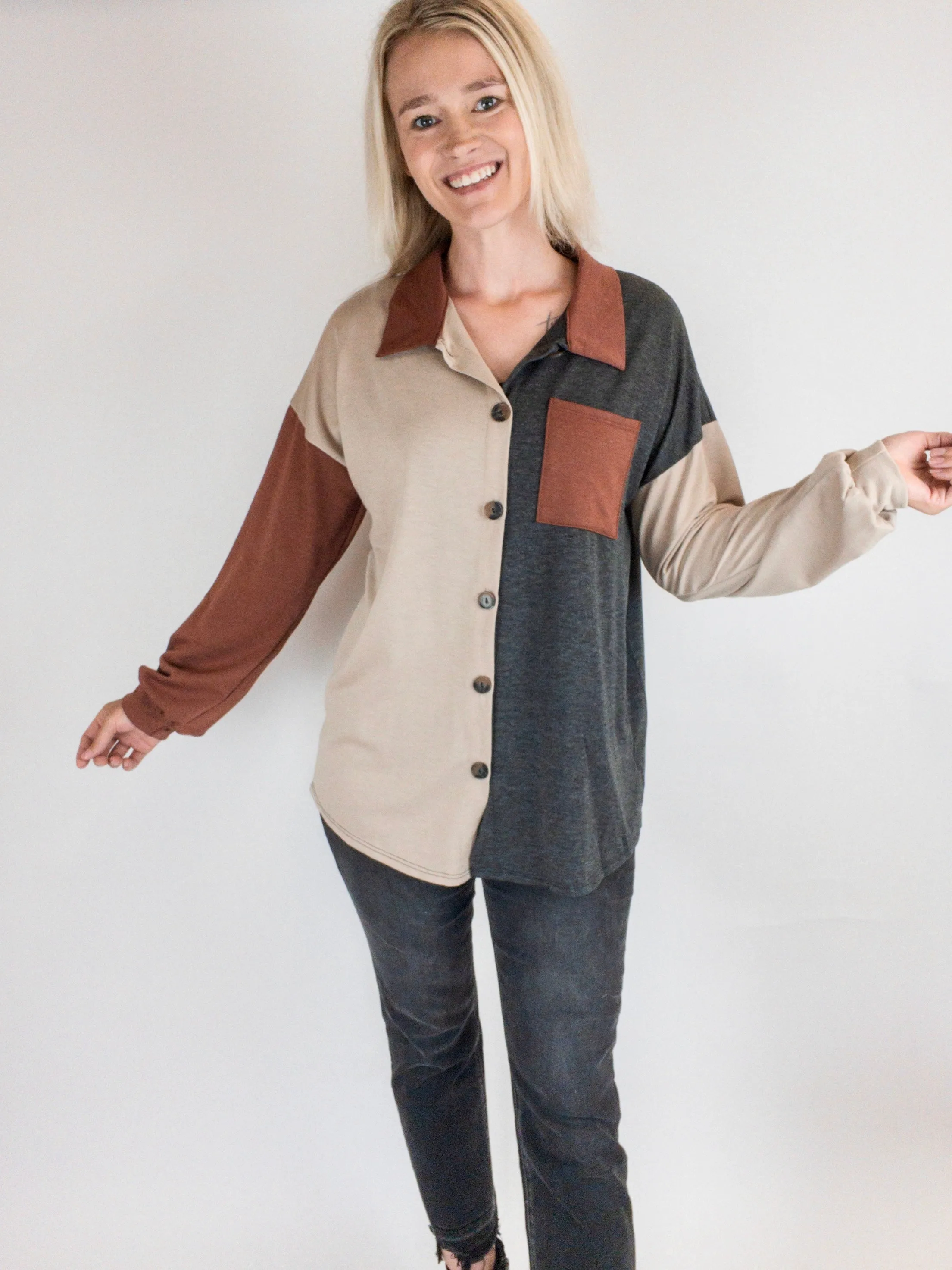 Charcoal/Rust Color Block Shacket