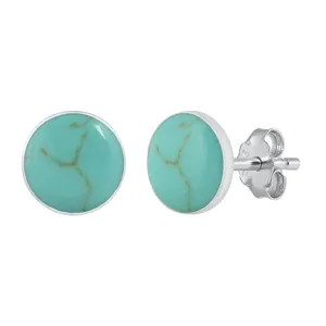 Chic Sterling Silver Round Turquoise Stud High Polished Earrings 925 New