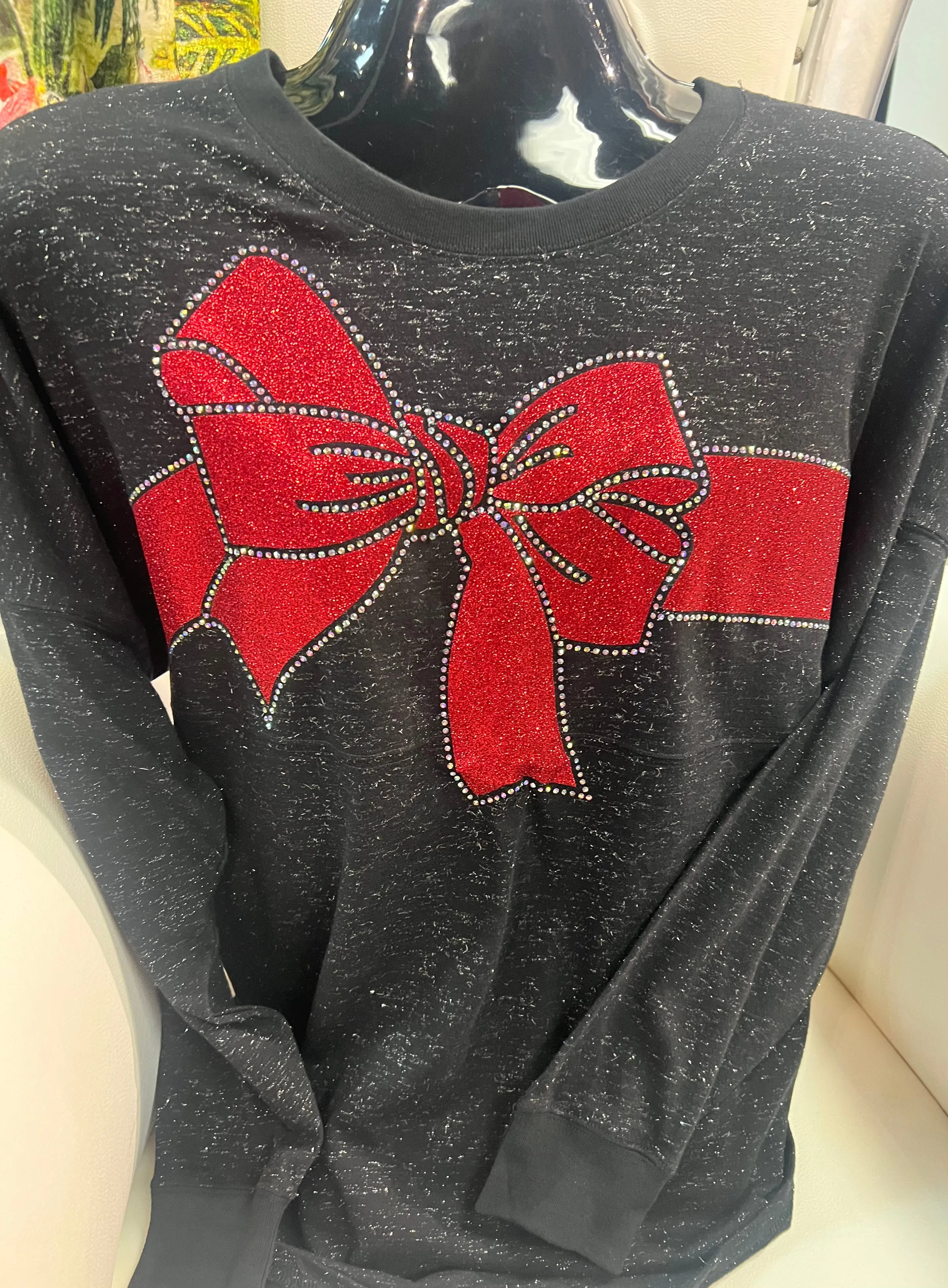Christmas Big Red Bow glitter Jersey top