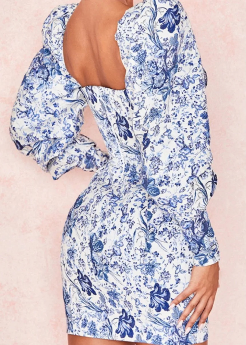 Classic Blue and White Puff Sleeve Bodycon Dress