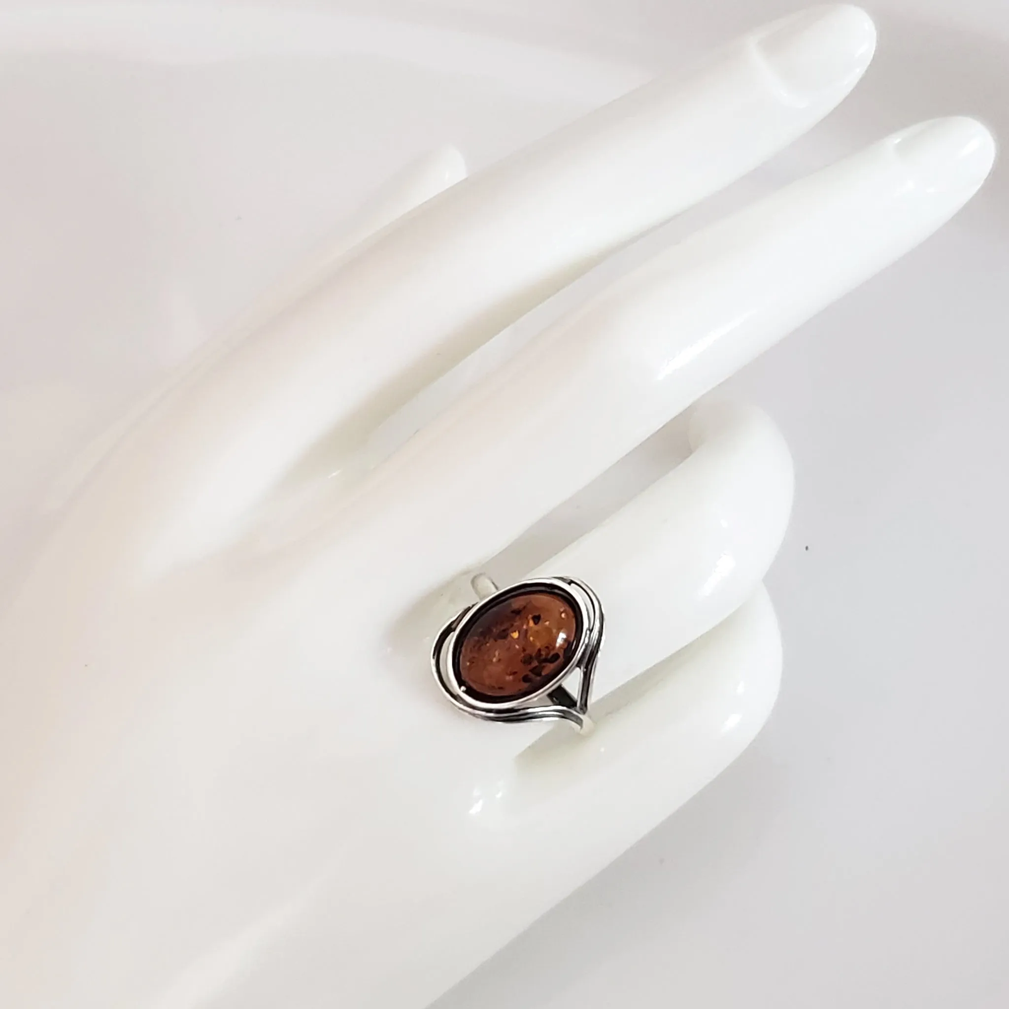 Classic Oval Natural Amber Ring in Sterling Silver, Size 8.5