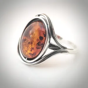 Classic Oval Natural Amber Ring in Sterling Silver, Size 8.5