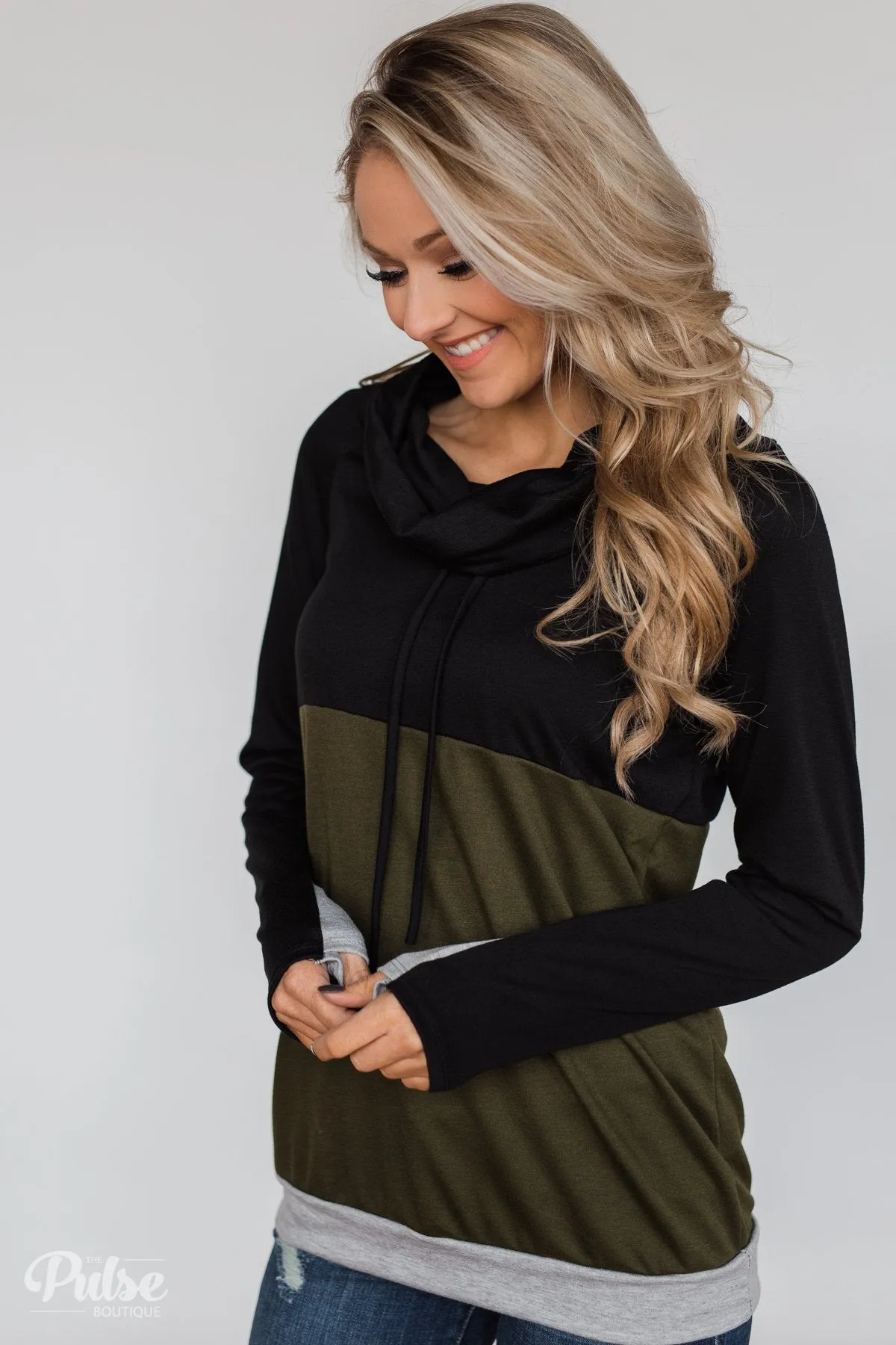 Color Block Cowl Neck- Black & Olive