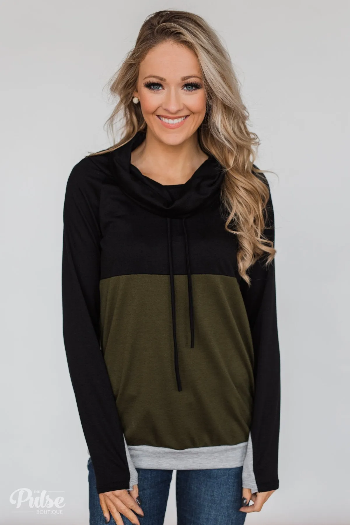 Color Block Cowl Neck- Black & Olive