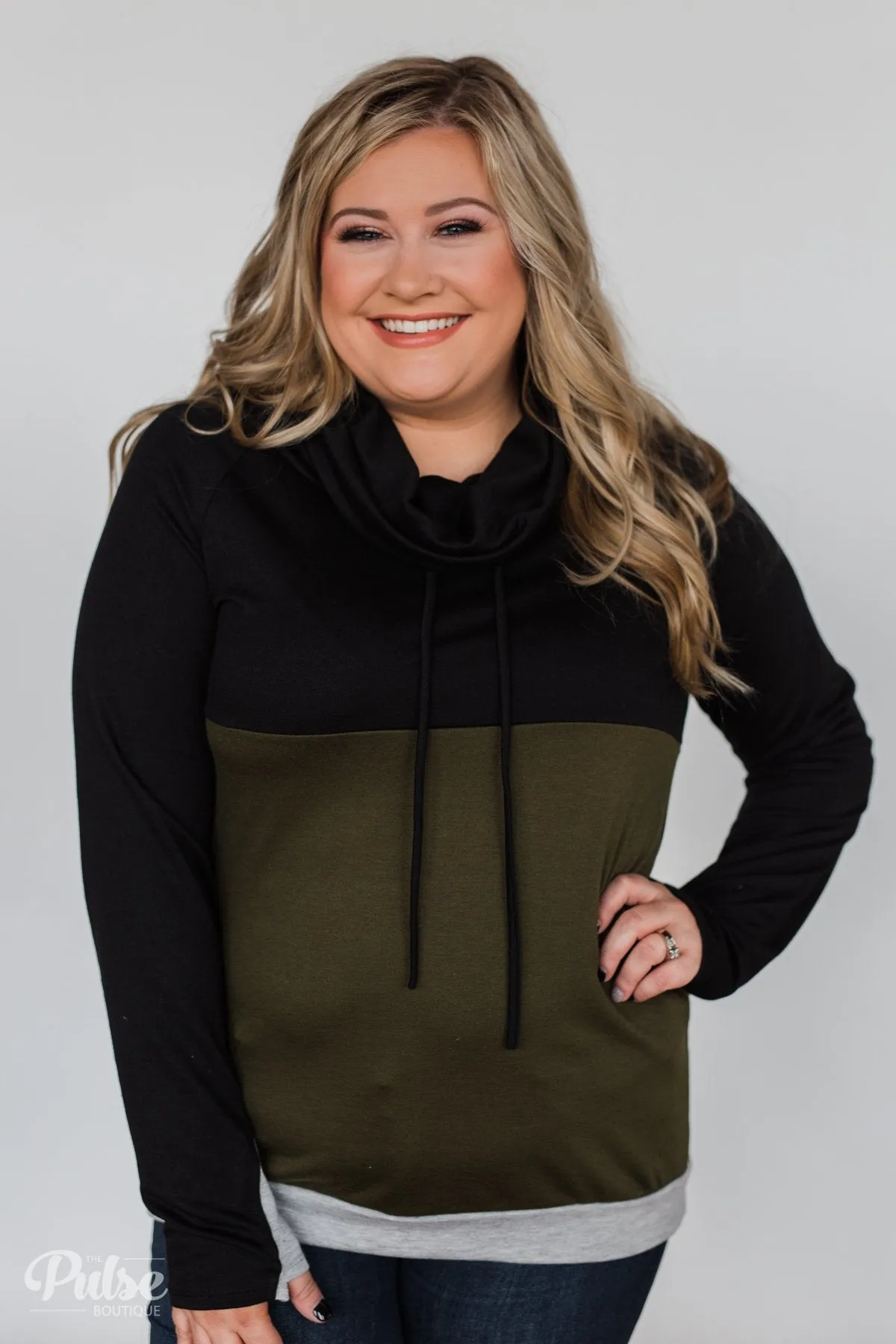 Color Block Cowl Neck- Black & Olive