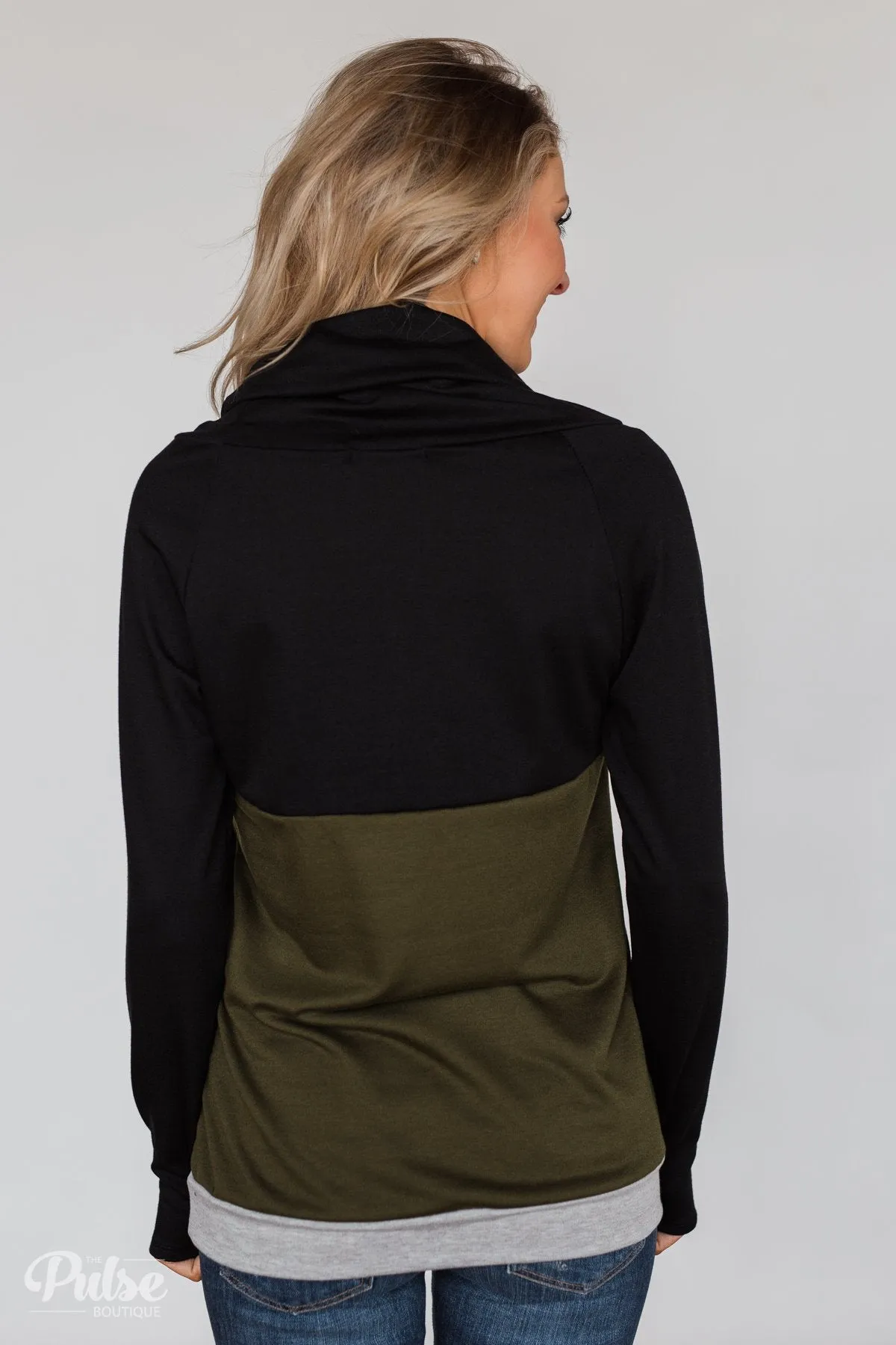 Color Block Cowl Neck- Black & Olive
