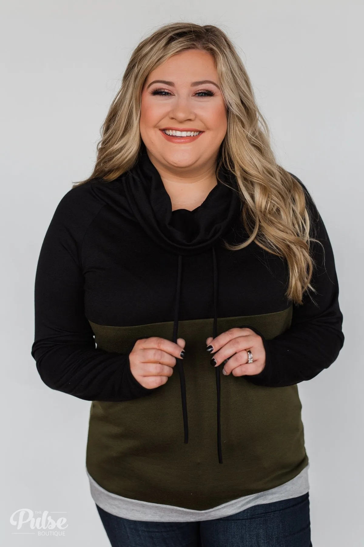 Color Block Cowl Neck- Black & Olive