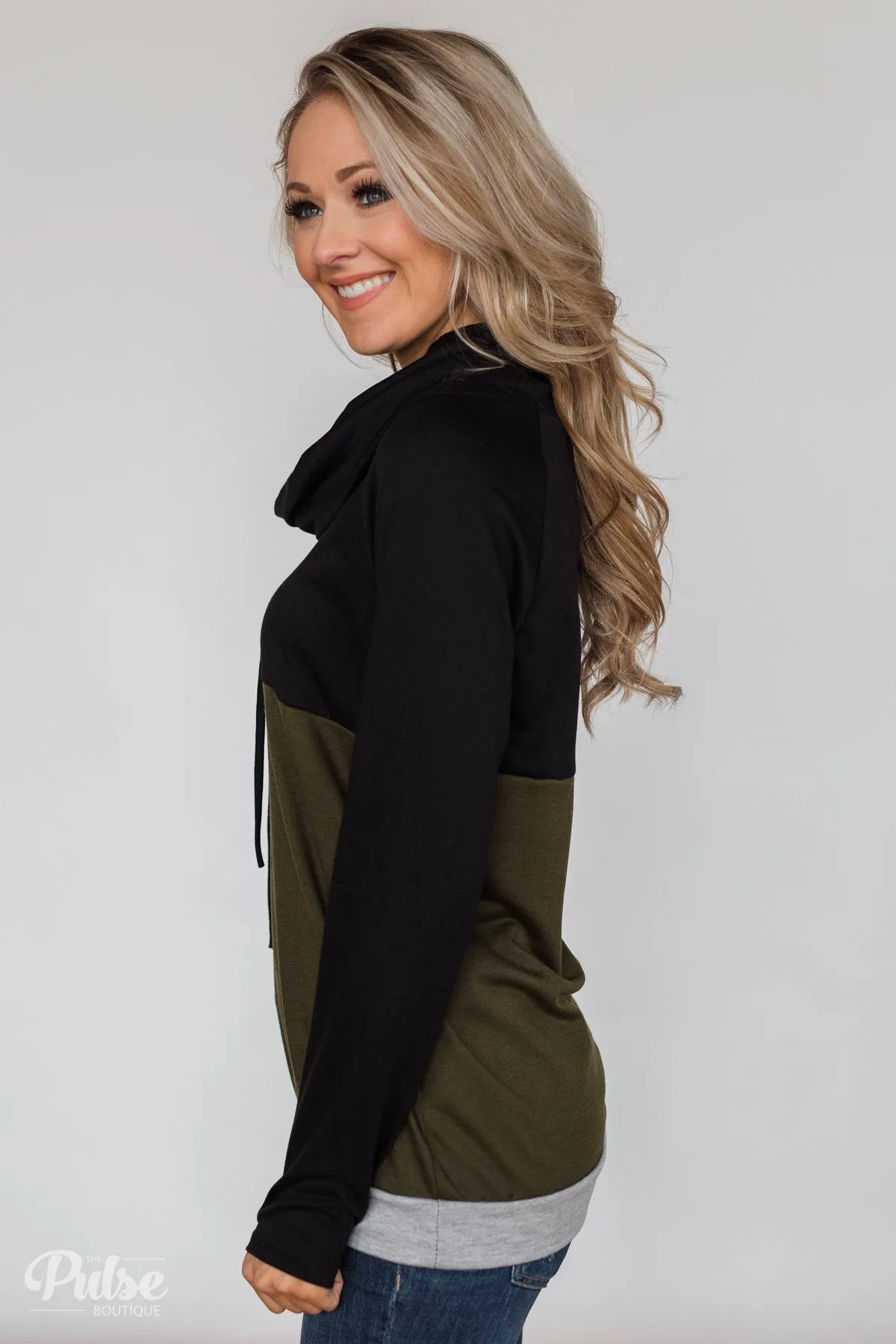 Color Block Cowl Neck- Black & Olive