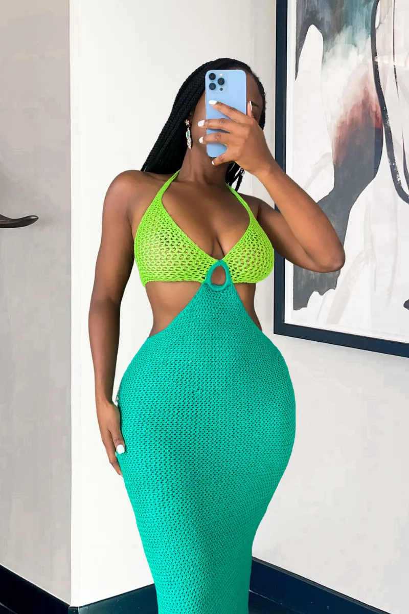 COLOR BLOCK HALTER CROCHET | DRESS