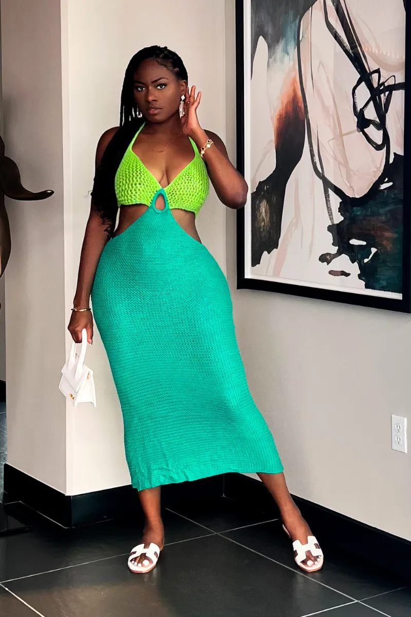 COLOR BLOCK HALTER CROCHET | DRESS