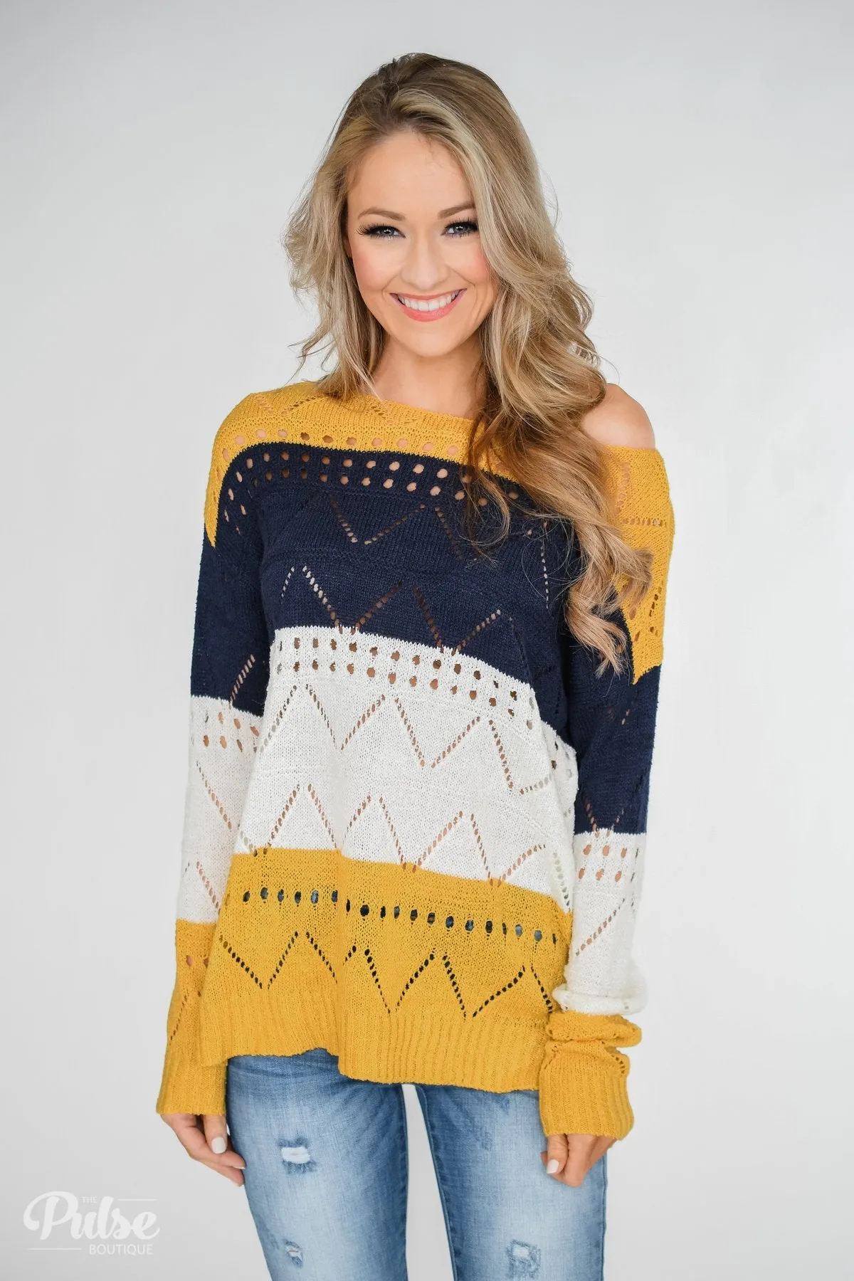 Color Block Pointelle Sweater- Mustard & Navy