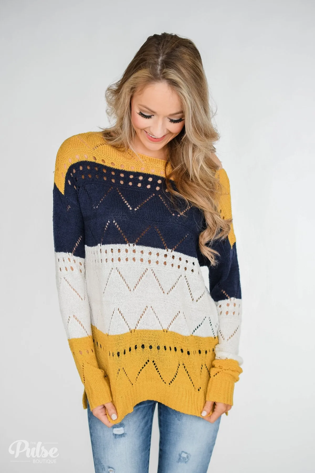 Color Block Pointelle Sweater- Mustard & Navy