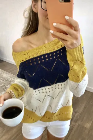Color Block Pointelle Sweater- Mustard & Navy