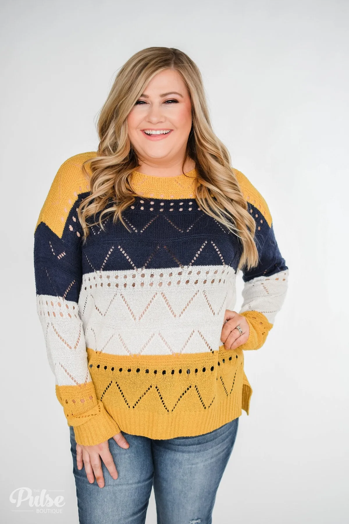 Color Block Pointelle Sweater- Mustard & Navy