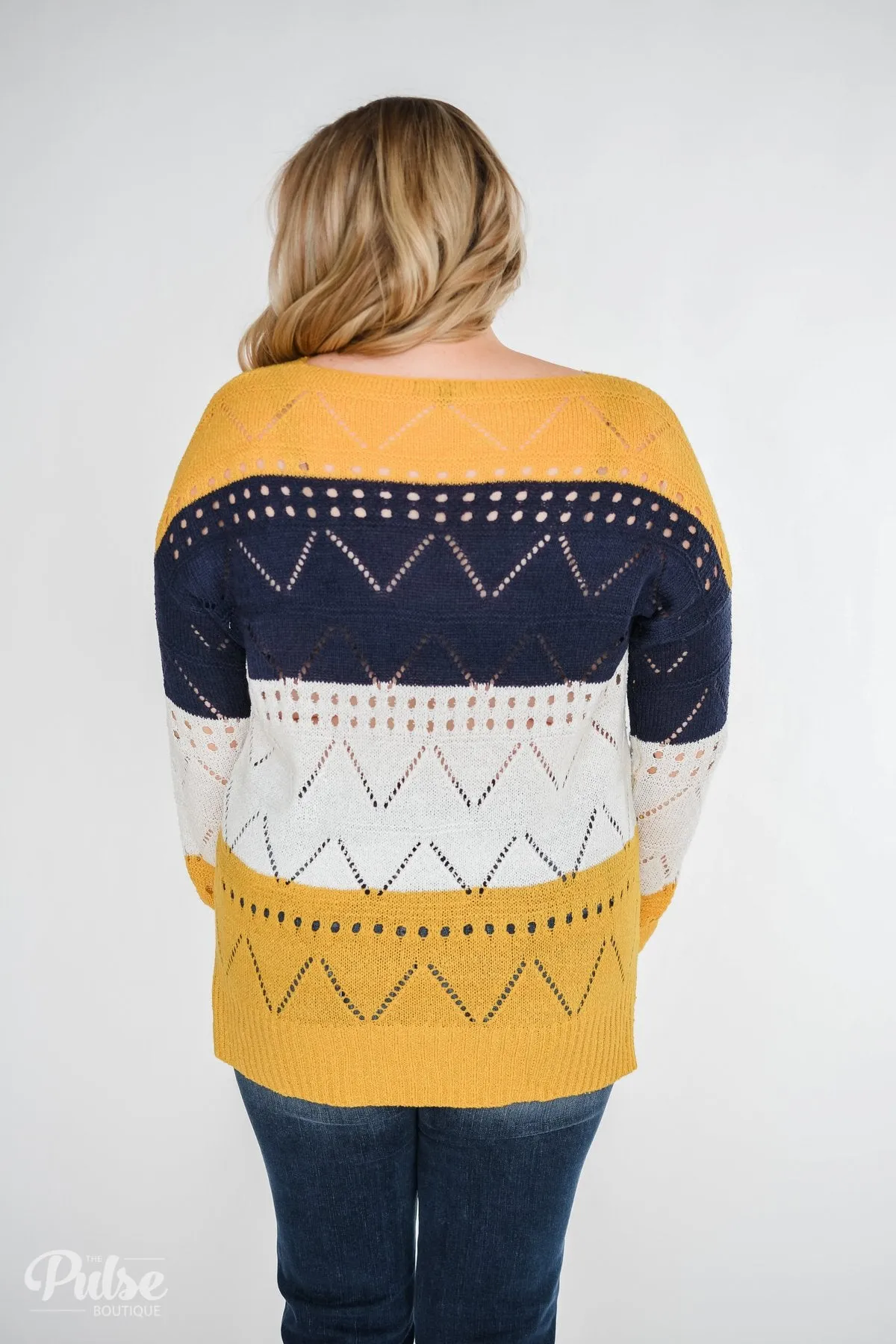 Color Block Pointelle Sweater- Mustard & Navy