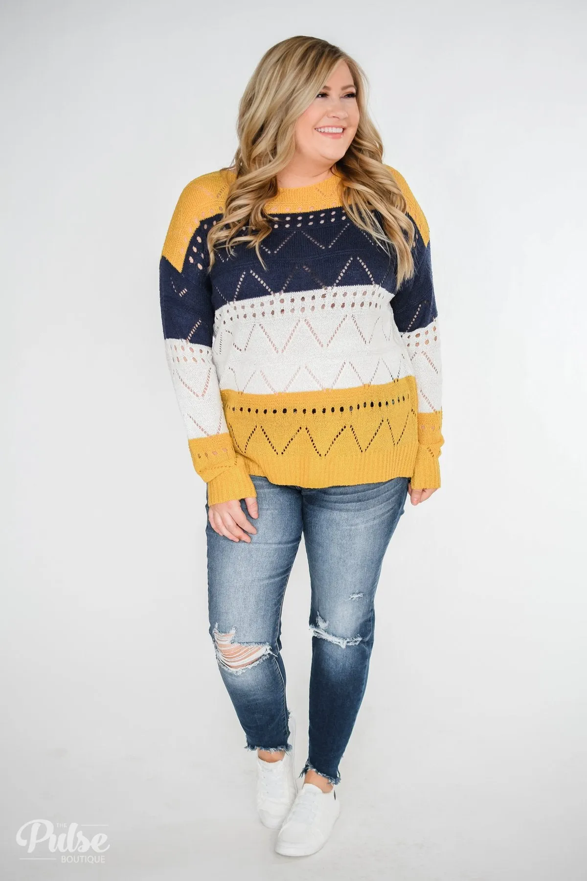 Color Block Pointelle Sweater- Mustard & Navy