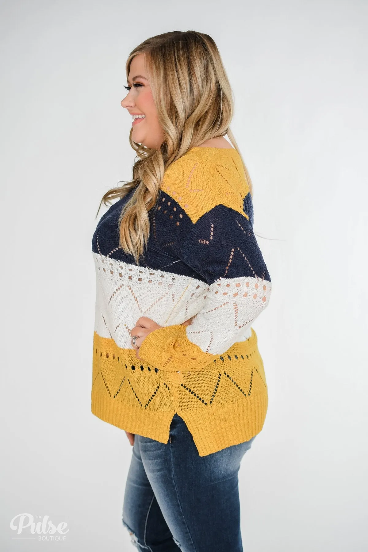 Color Block Pointelle Sweater- Mustard & Navy