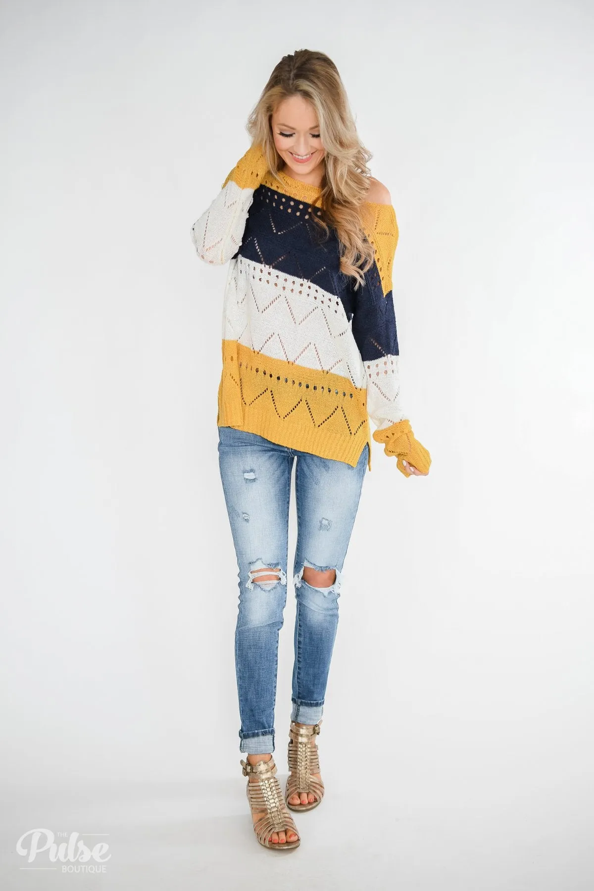 Color Block Pointelle Sweater- Mustard & Navy