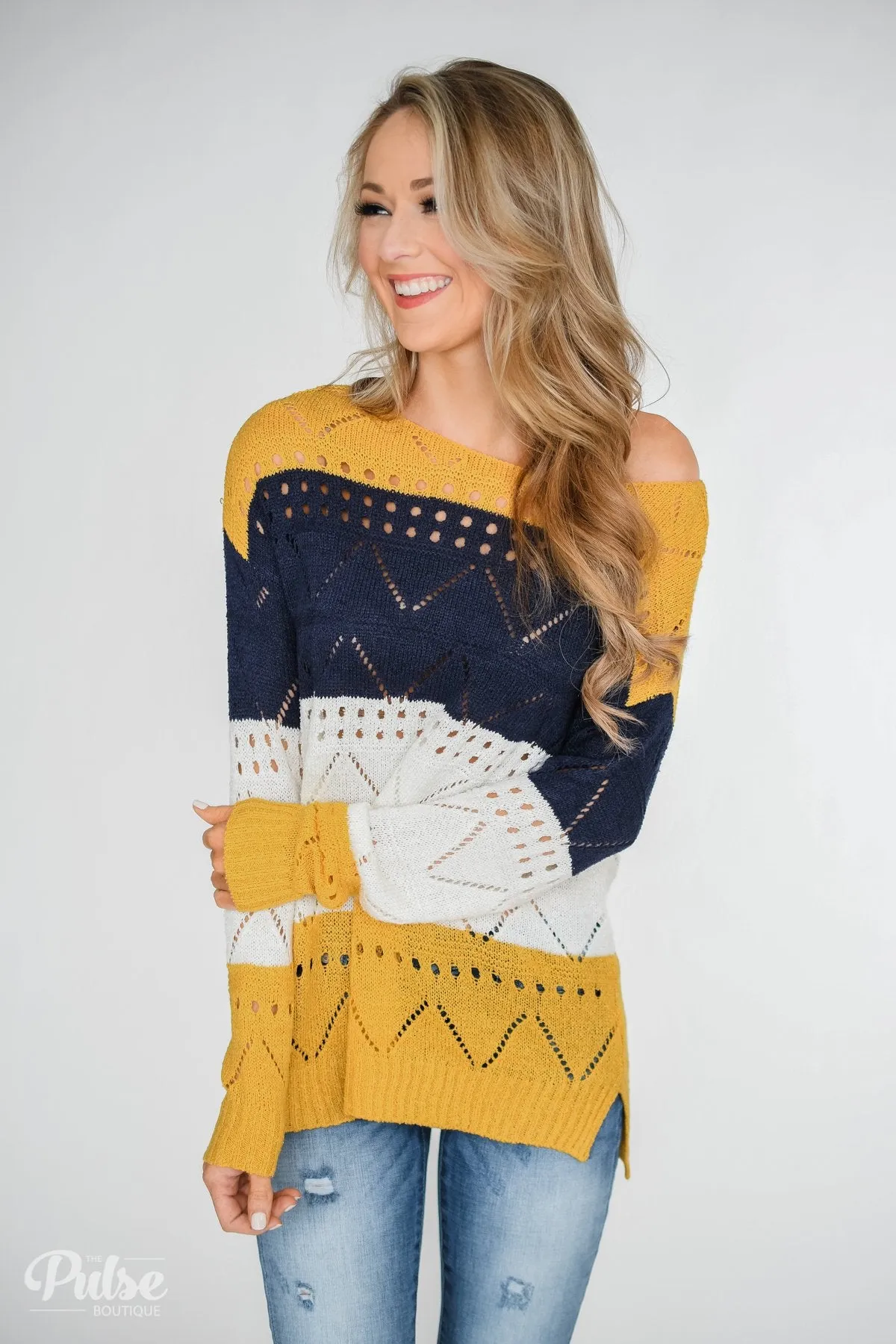 Color Block Pointelle Sweater- Mustard & Navy