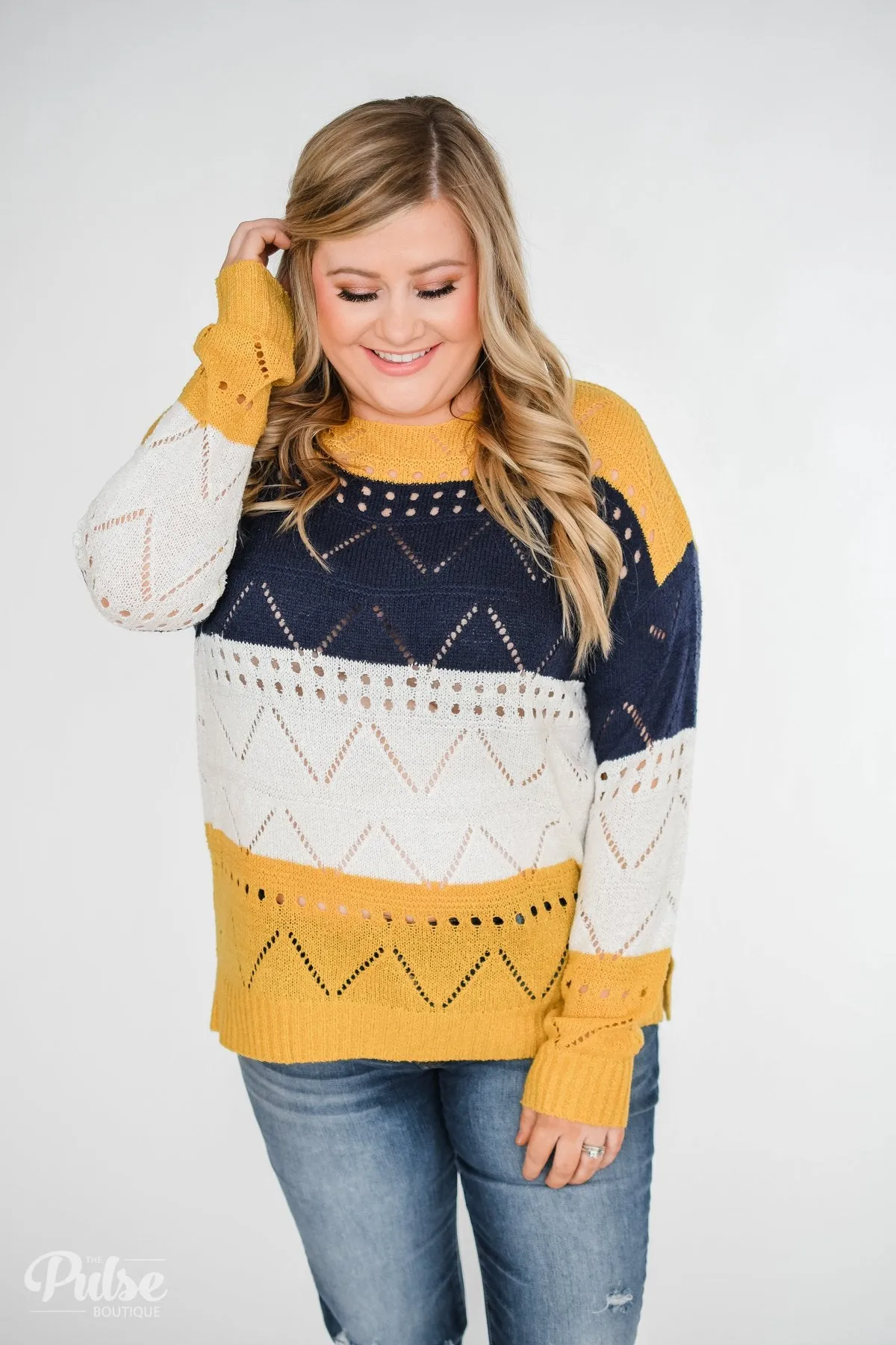 Color Block Pointelle Sweater- Mustard & Navy
