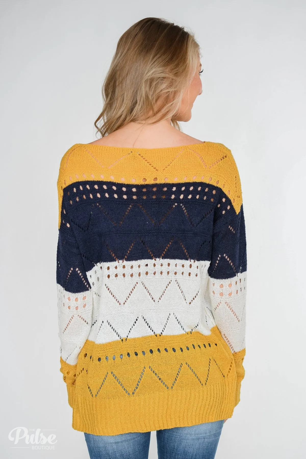 Color Block Pointelle Sweater- Mustard & Navy