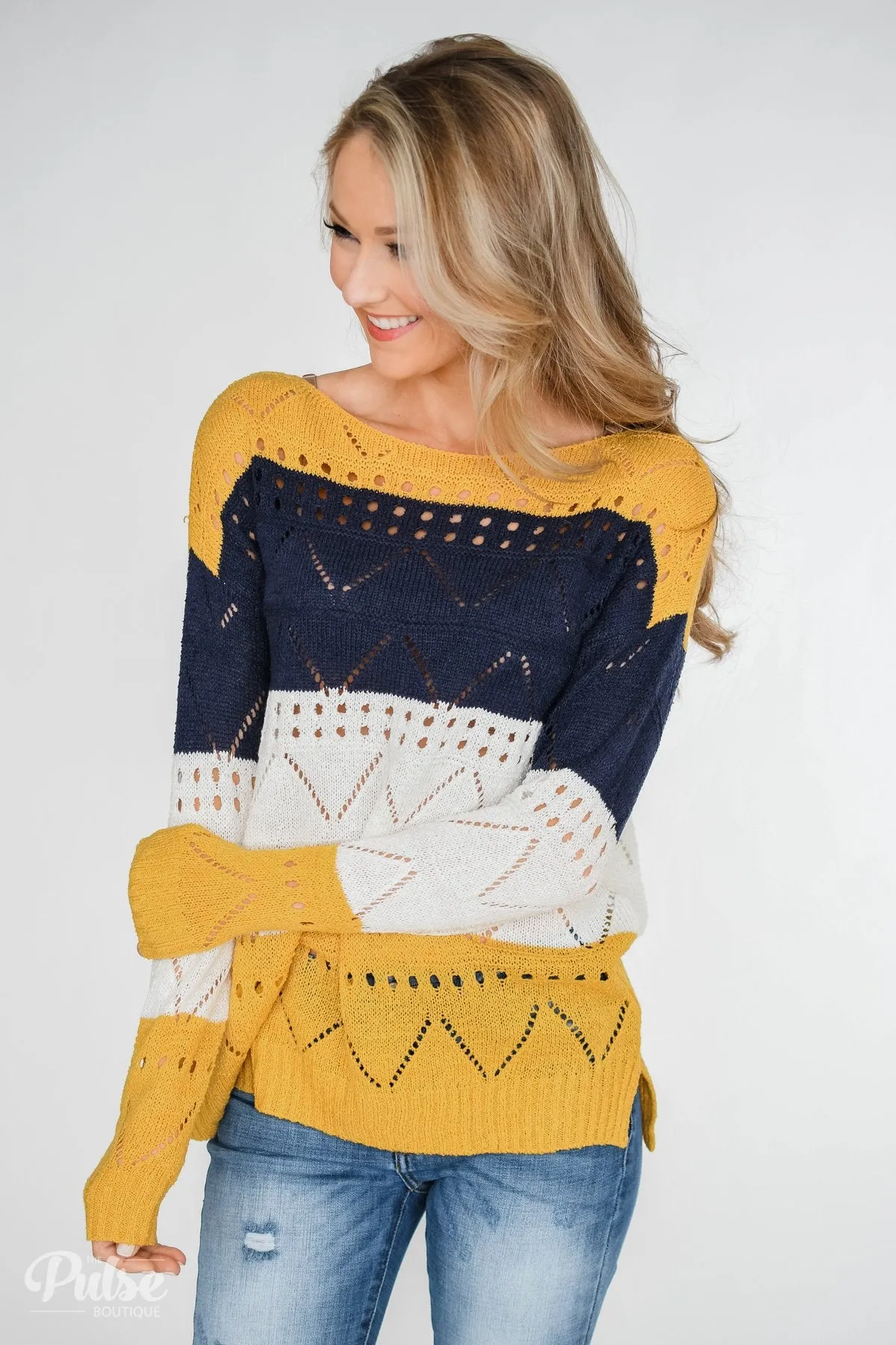 Color Block Pointelle Sweater- Mustard & Navy
