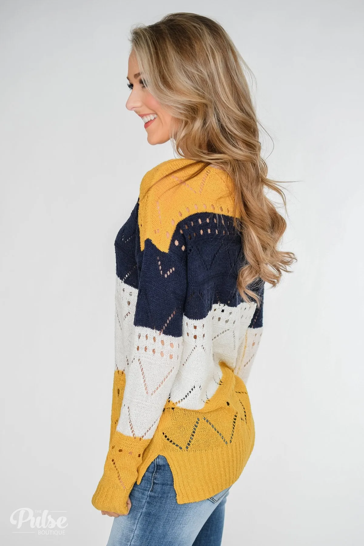Color Block Pointelle Sweater- Mustard & Navy