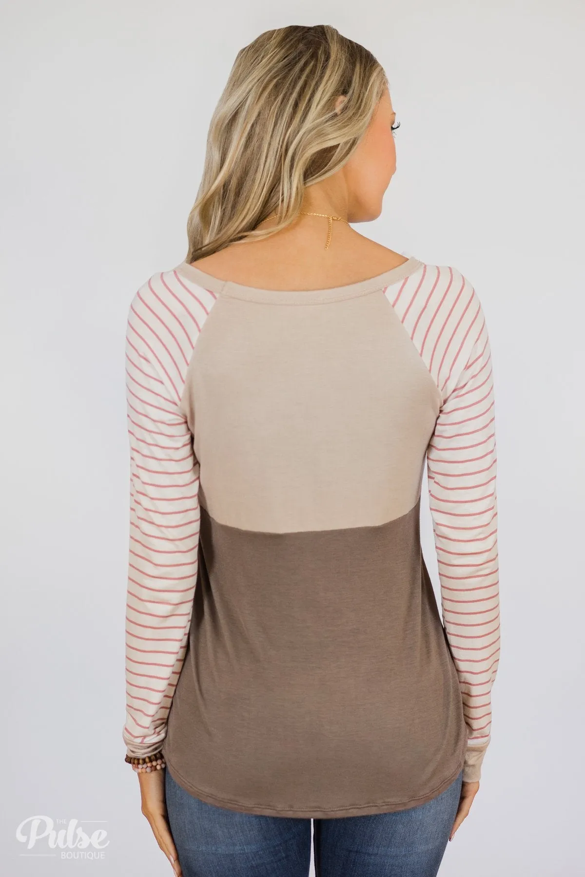 Color Block Striped Sleeve Top- Mocha