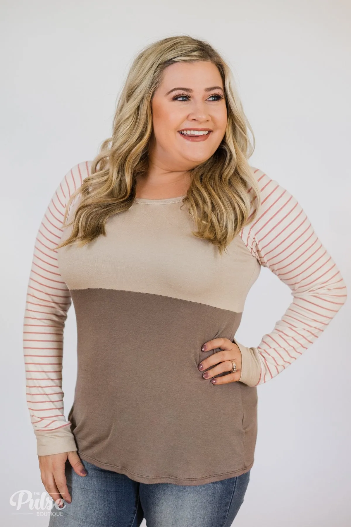 Color Block Striped Sleeve Top- Mocha