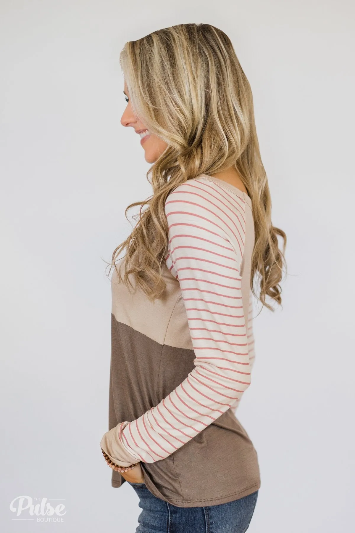 Color Block Striped Sleeve Top- Mocha