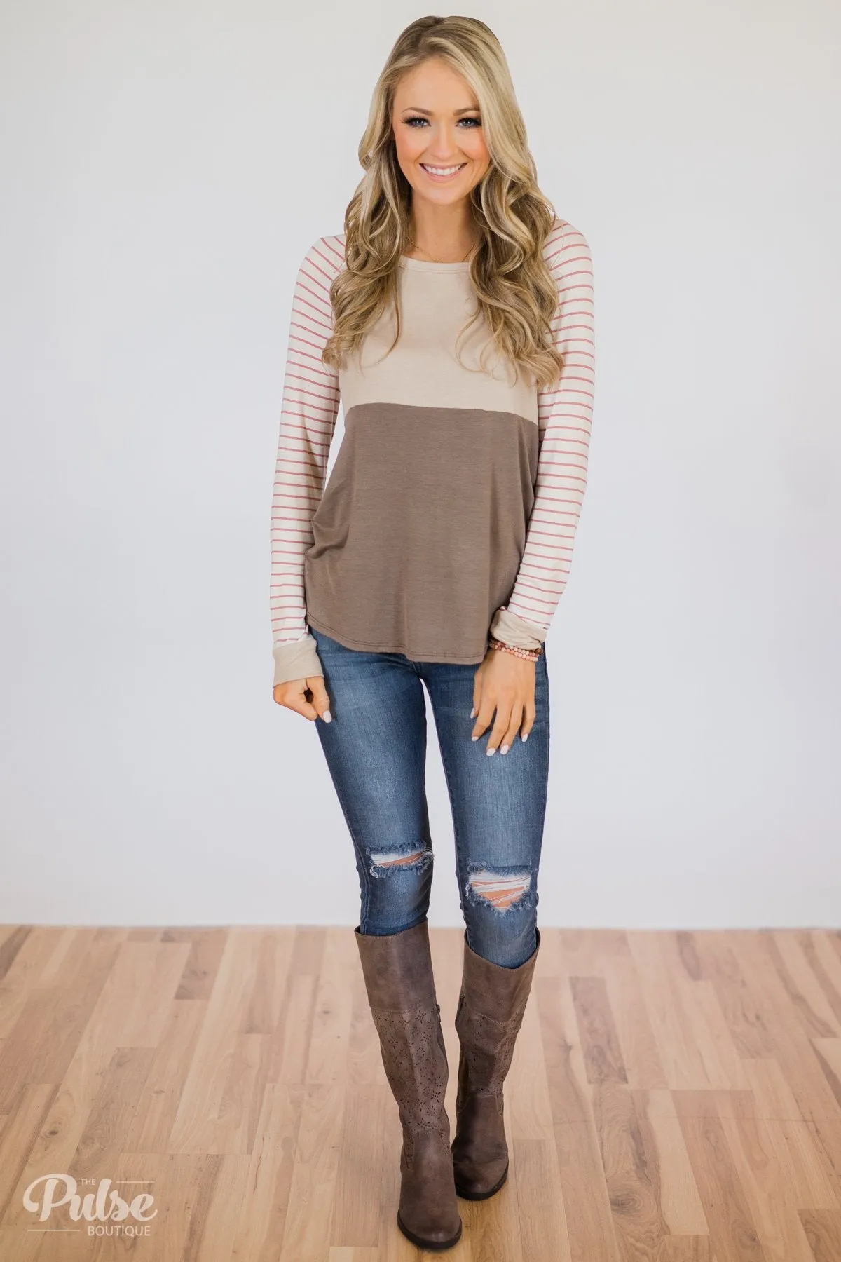 Color Block Striped Sleeve Top- Mocha